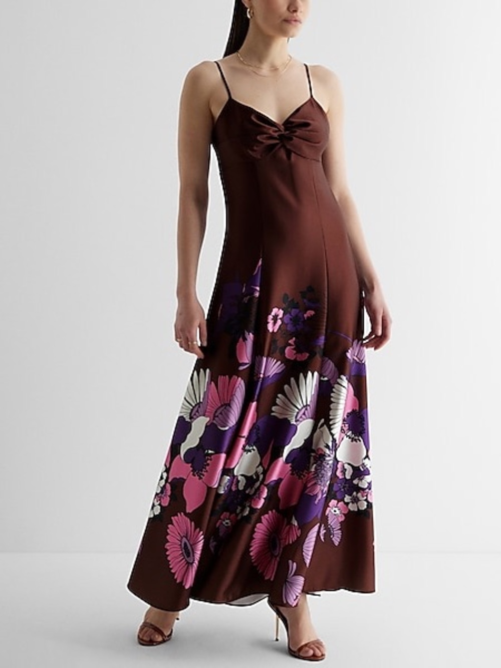Brown Floral Slip Maxi Dress with Spaghetti Straps